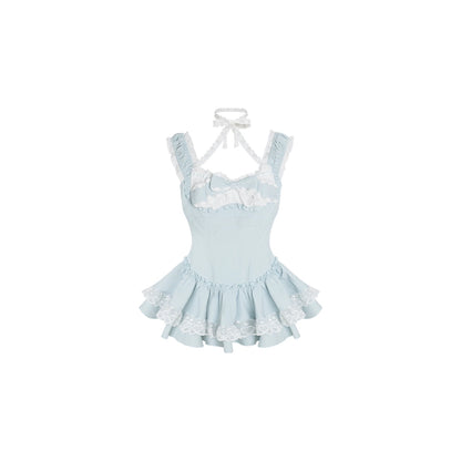 Mint Ice Crystal Blue Dress + White Bubble Pants