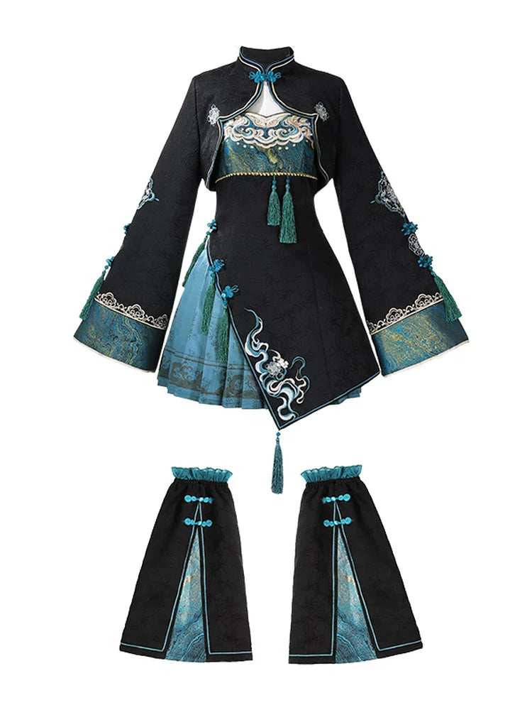 Cyberpunk Chinese-Style Lolita Top + Strapped Dress + Skirt + Leg Covers