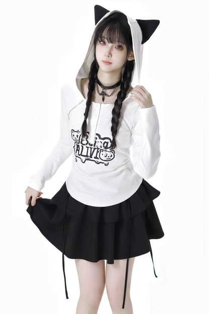 猫耳フードトップス+ルーズニットセーター+カーゴパンツ+ストラップスカート