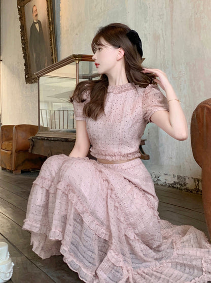 [Reservations] Dusty Pink Ruffle Top + Pink Tender Cake Long Skirt