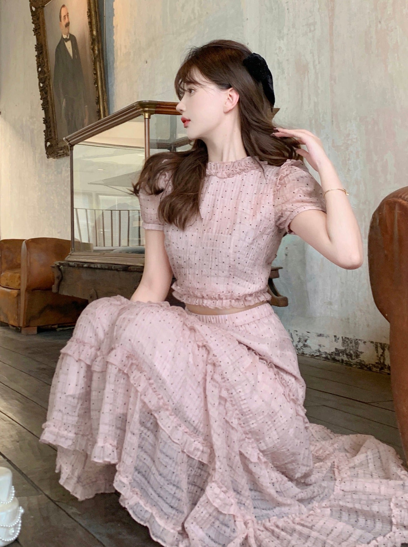 [Reservations] Dusty Pink Ruffle Top + Pink Tender Cake Long Skirt