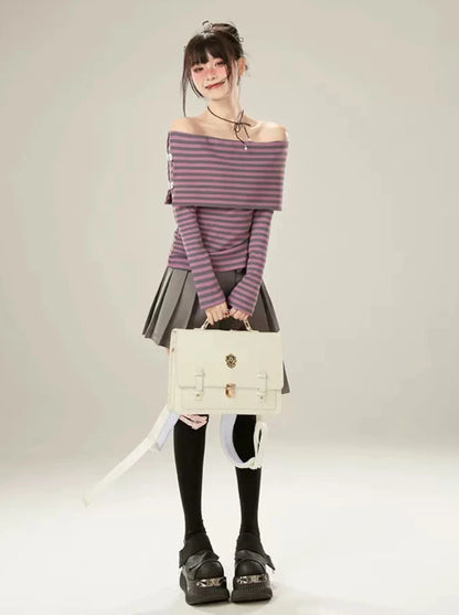 Purple Stripe Off-the-shoulder Long T