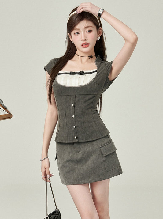 프렌치 걸리리 리본 탑 + 타이트한 스커트