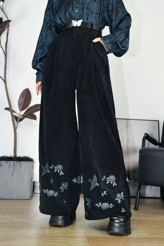 Chenille Black Wide Leg Pants