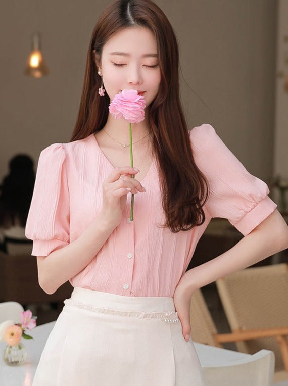 レトロVネックシフォンシャツ