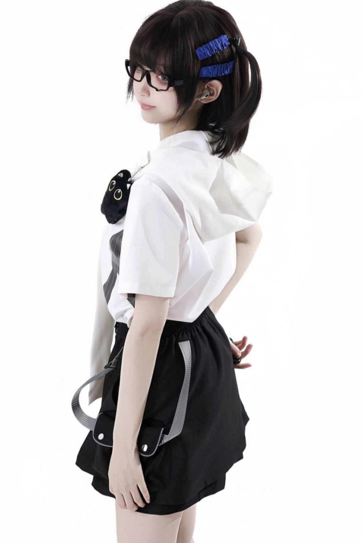 Casual stripe stitch design shirt + hooded shirt + + half pants + culottes + tie