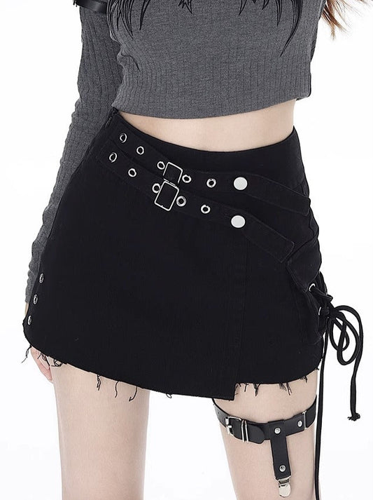 Irregular Straps Solid Color A-Line Skirt
