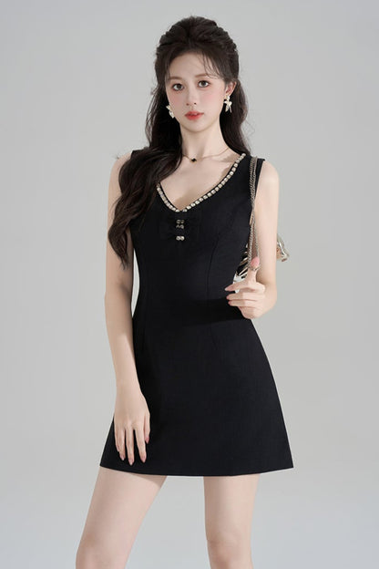 French Beaded V-Neck Sleeveless Dress