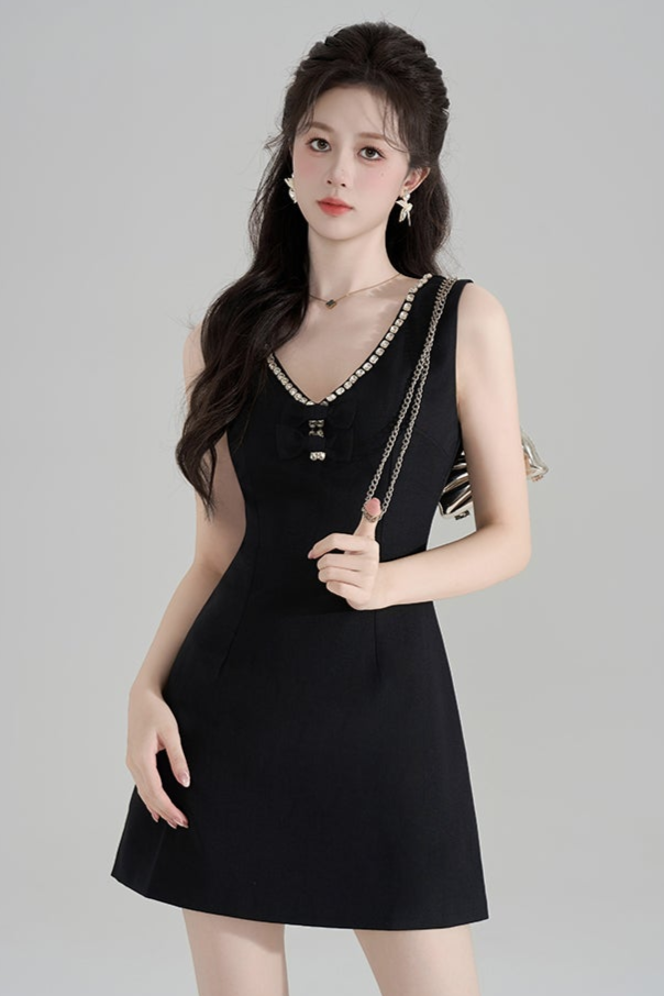 French Beaded V-Neck Sleeveless Dress