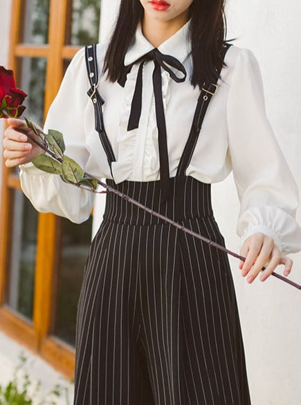 French Retro Suspender Tuck Wide Pants 