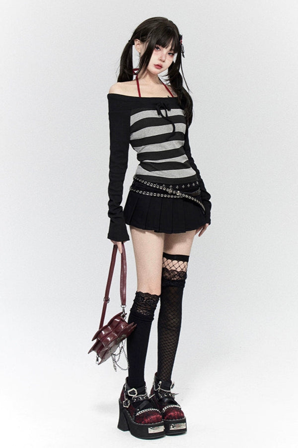 ボーダーオフショルダーY2Kトップス