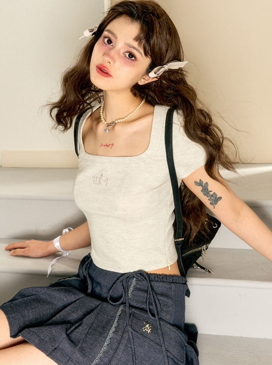 ワッフルスクエアカラースリムフィットトップス