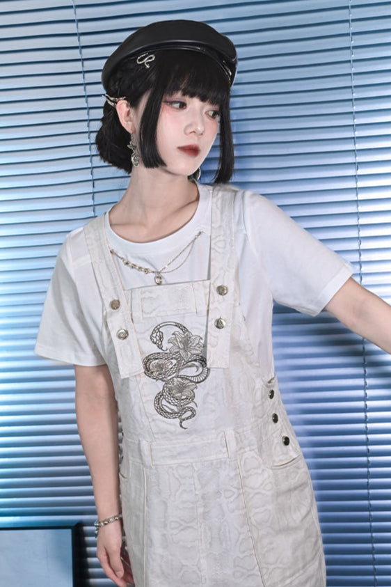 チャイナデザインチェーンホワイトプリントTシャツ