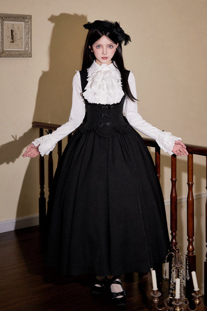 [Reservations] Dark Gothic Doll Long Suspender Lolita Skirt + Big Ribbon Tail + Ruffle Shirt + Ruffle Collar