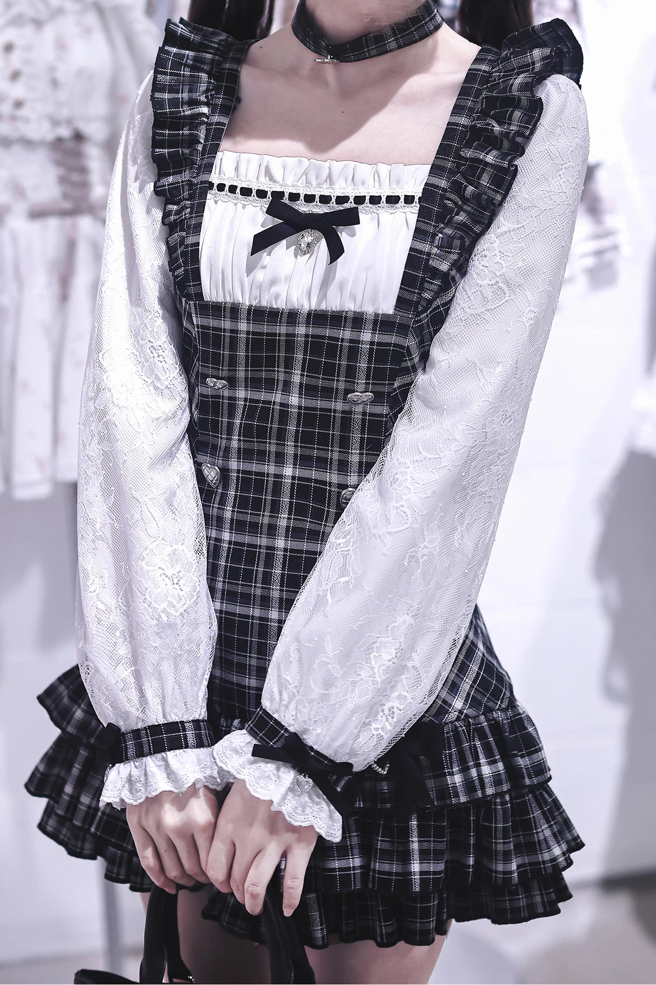 [Pre-order Deadline: September 15] Black Check Frill Ribbon Long-Sleeve Mini Dress Set-Up + Choker
