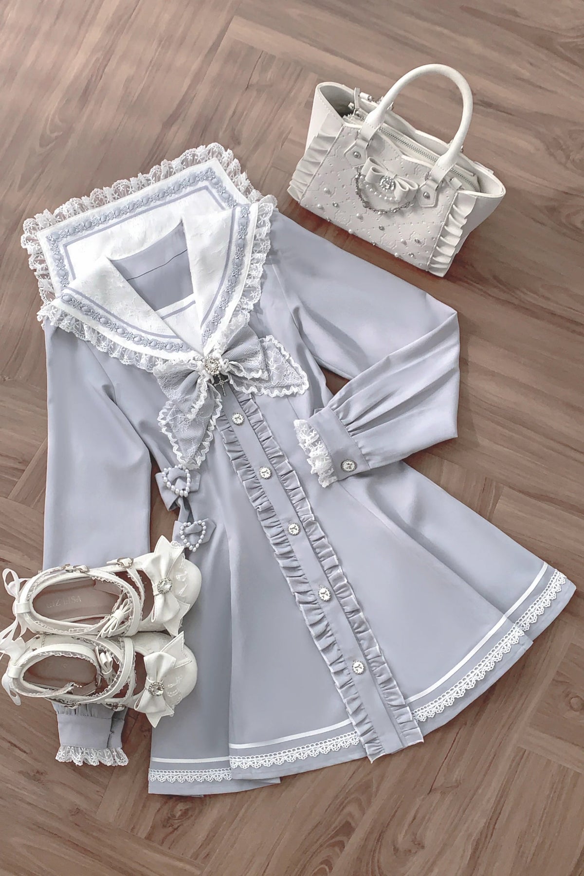 [Pre-order Deadline: September 29] Blue Sailor Collar Frill Lace Trim Dress + Shorts + Cross Charm Jewel Bow Tie Set