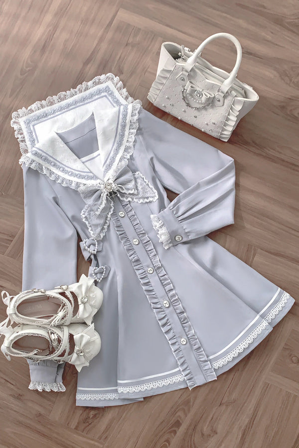[Pre-order Deadline: September 29] Blue Sailor Collar Frill Lace Trim Dress + Shorts + Cross Charm Jewel Bow Tie Set