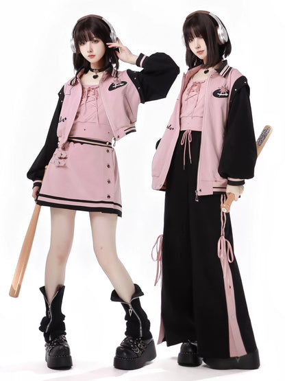 Pinksavior [Starry Light Year] high-quality pink college baseball jersey jacket and skirt underneath