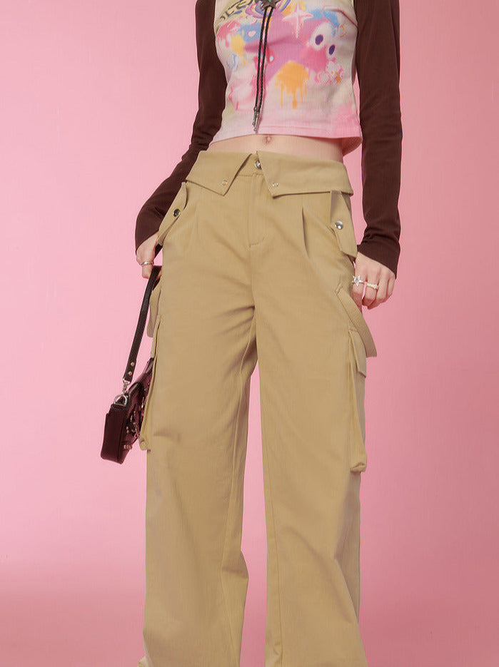 Purple and pink design pocket straight loose cargo pants – Belchic