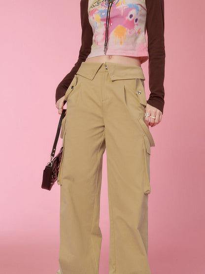 Flap Waist Loose Straight Casual Cargo Pants