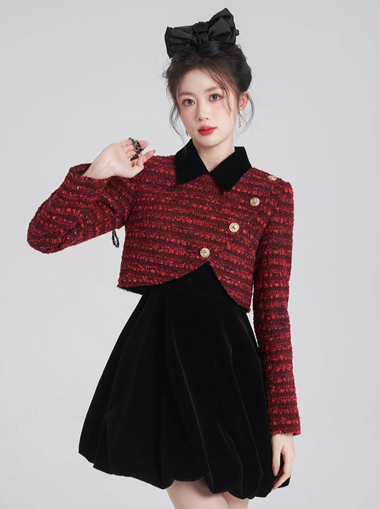 ダークレッドアシメフェイクツーピースワンピース