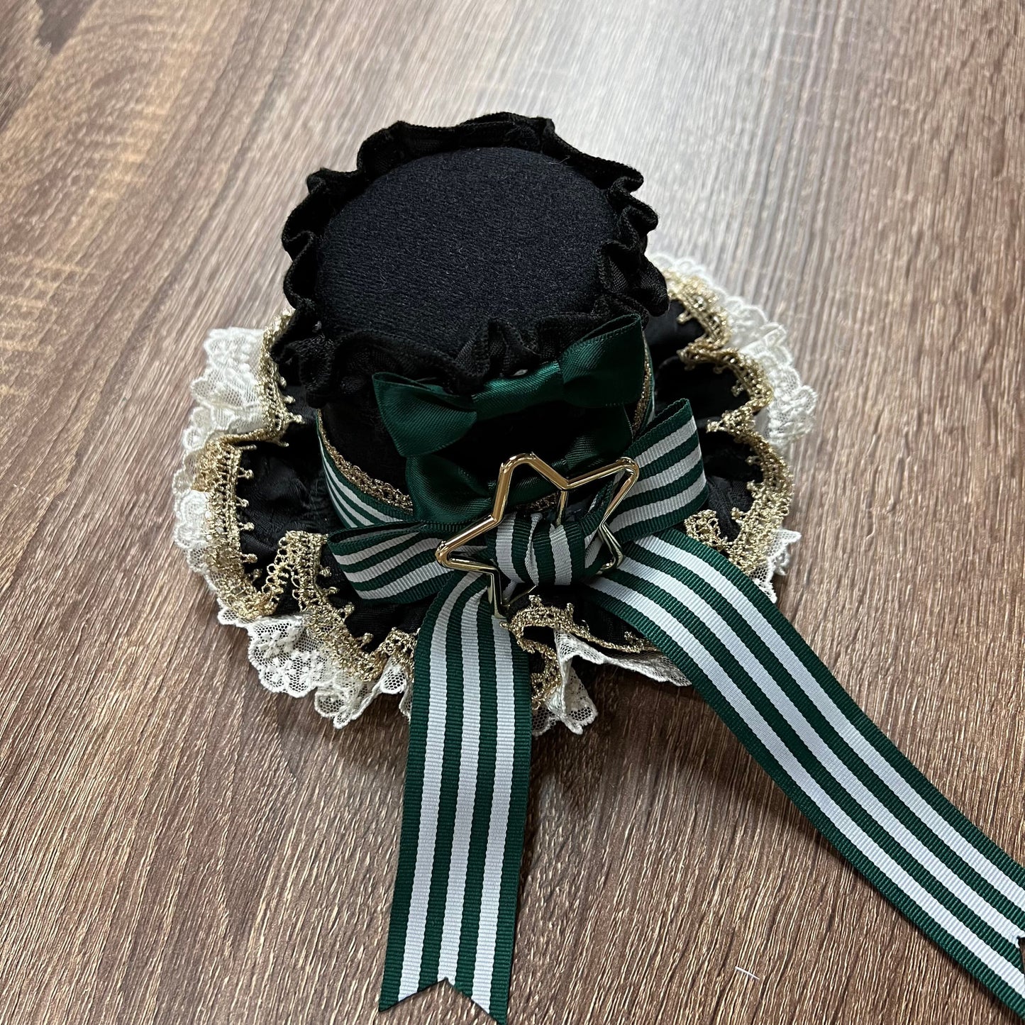 [Pre-order Deadline: May 20] Magical Girl Lolita Elegant Lace Puff Sleeve Shirt + Black x Green Ribbon Corset Tiered Dress + Mini Hat