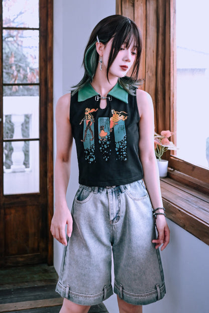 ウォッシュブルーデニムハーフパンツ