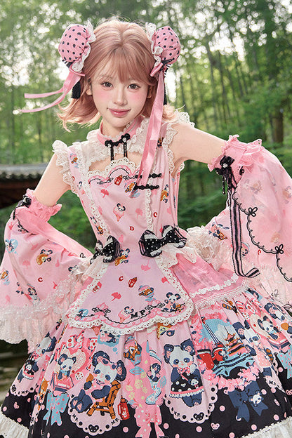[Reservierungsschluss am 1025] Pink/Grüne Chinoiserie-Lolita-Sweet-Panda-Serie Accessoires (Teetassen-inspirierter Minihut, Pandaohren-Haube, Pandaohren-KC, Pandaohren-Barett, Haarclip, Halskette, Handtasche, Quastenbrosche, Socken)