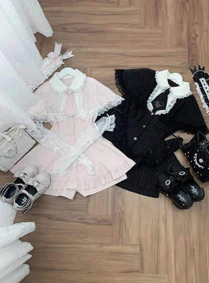 [Bestellfrist 15. Mai] Schwarzer Nadelstreifen-Spitzen-Umhang-Design-Stehkragen-Kleid-Anzug-Komplett-Ensemble + Accessoires