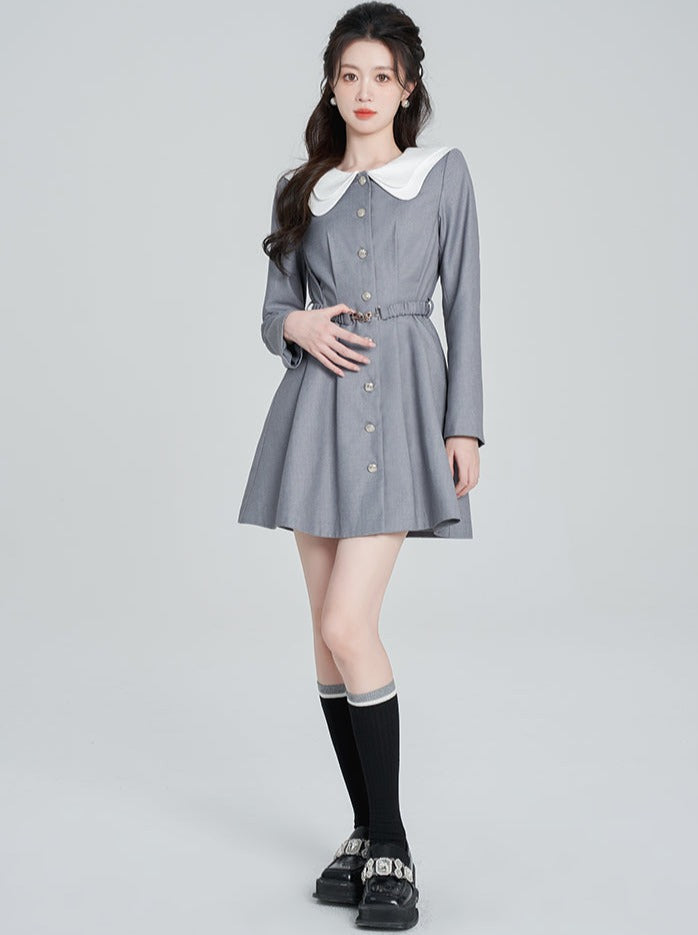 Doll Collar College Style Gray Dress