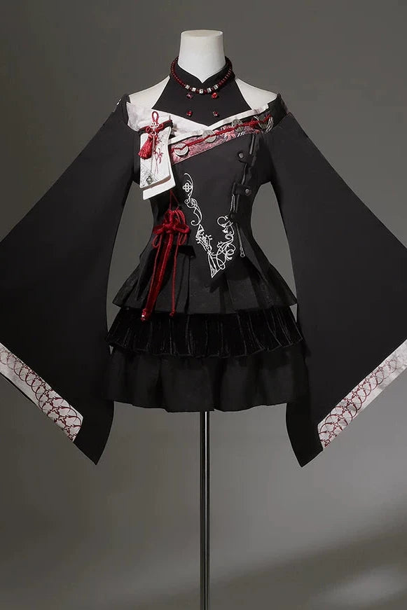 【10月7日予約締切】Black and Red Chinese Dark Gothic Lolita Wide Sleeve Asymmetrical Hem Top + Layered Ruffle Skirt + Necklace + Full Set