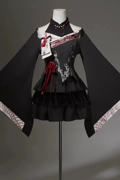 【10月7日予約締切】Black and Red Chinese Dark Gothic Lolita Wide Sleeve Asymmetrical Hem Top + Layered Ruffle Skirt + Necklace + Full Set