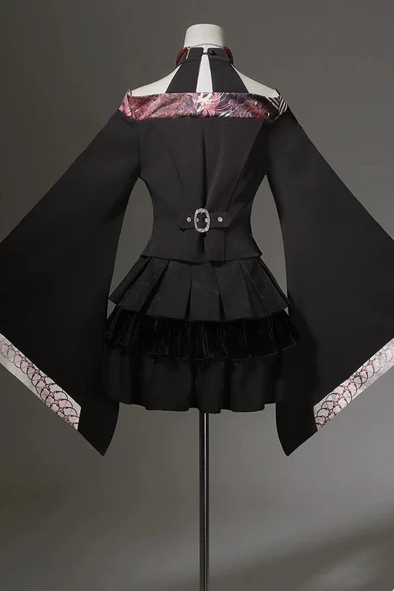 【10月7日予約締切】Black and Red Chinese Dark Gothic Lolita Wide Sleeve Asymmetrical Hem Top + Layered Ruffle Skirt + Necklace + Full Set