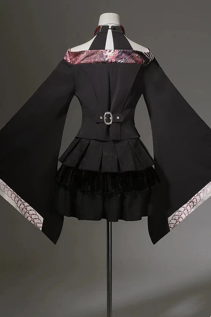 【10月7日予約締切】Black and Red Chinese Dark Gothic Lolita Wide Sleeve Asymmetrical Hem Top + Layered Ruffle Skirt + Necklace + Full Set