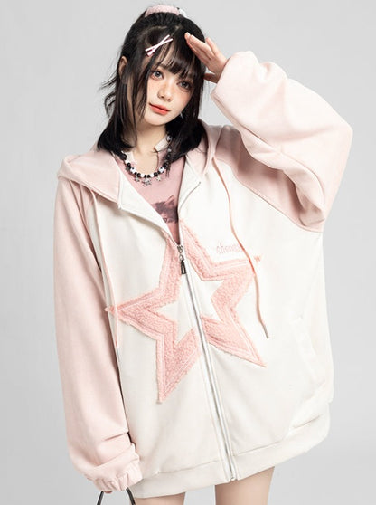 Bicolour star zip-up hooded parka