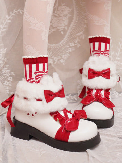 Snow Lolita Mid Heel Color Block Ribbon Sweet Velvet Short Boots