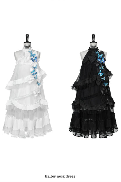 [Pre-order Deadline: October 14] Black/White Gothic Lolita Blue Butterfly Bow Tulle Ruffle Layered Halter Dress