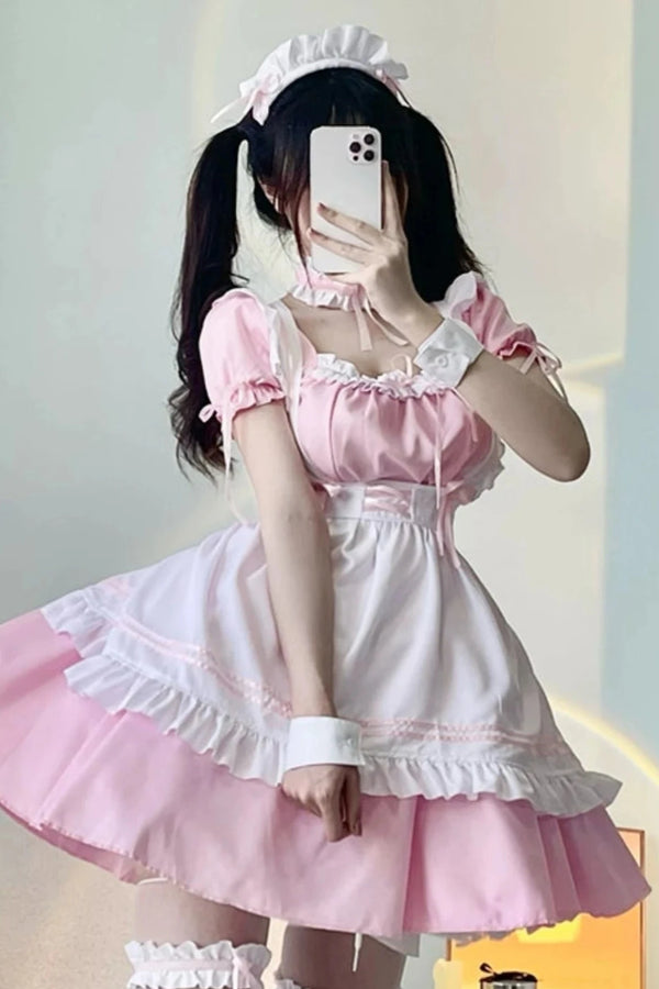 Short Sleeve Pink Maid Dress Set