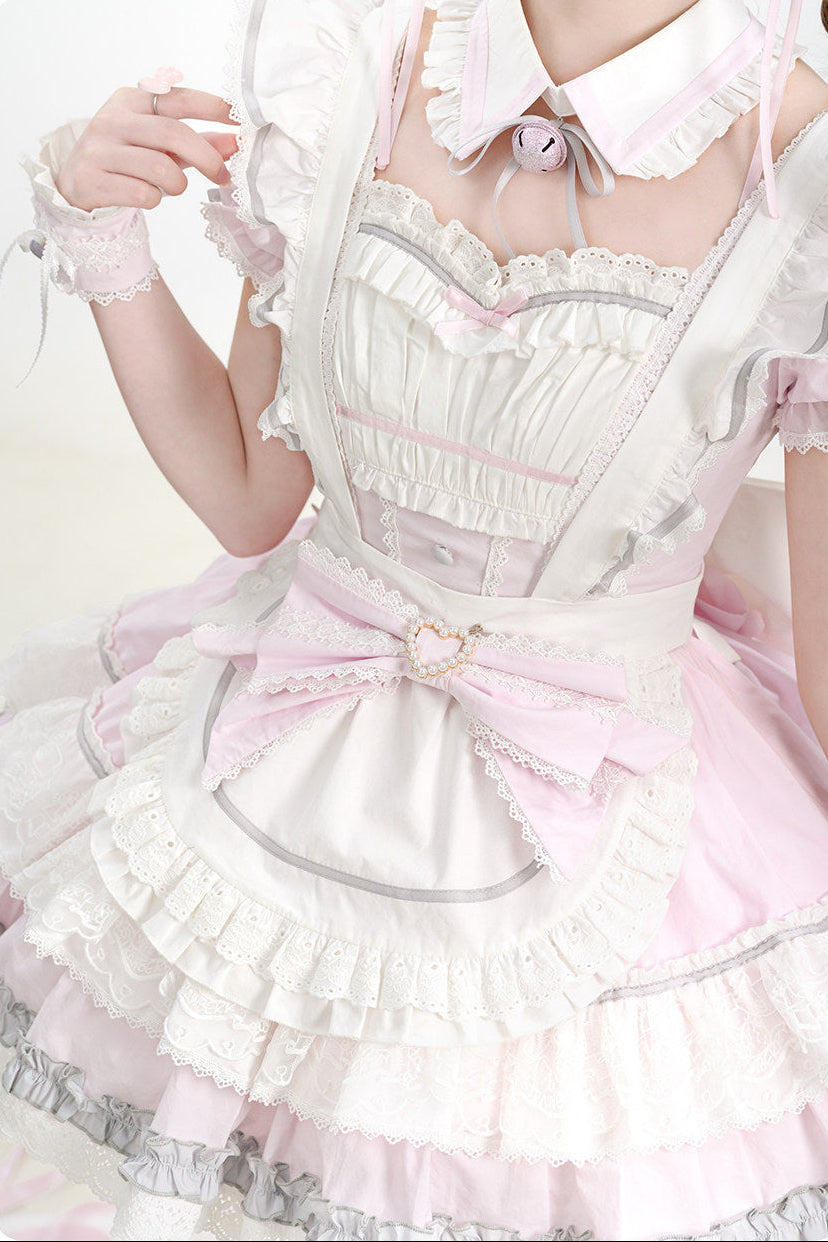 [Pre-Order] Pink Sweet Lolita Ruffle Maid Dress Set (Detachable Collar with Bells + Waist Apron with Ribbon + Back Ribbon + Leg Rings)