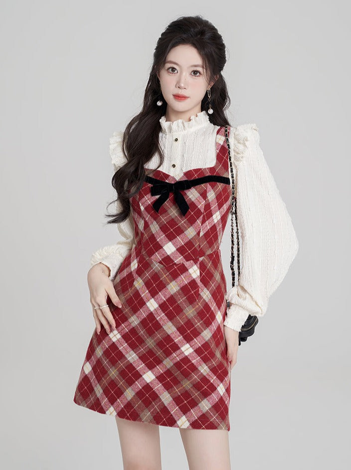 Retro French Red Check Suspender Dress + Ruffle Sleeve Blouse