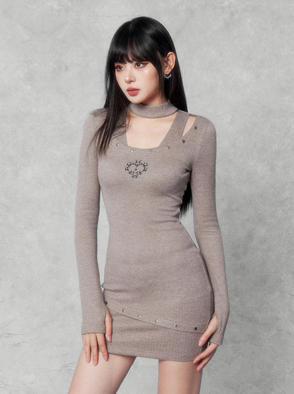 Hardcore Halter Neck Ribet Pure Desley Slim Short Knit Dress