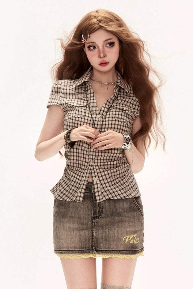 レトロアーモンドチェックプリーツトップス