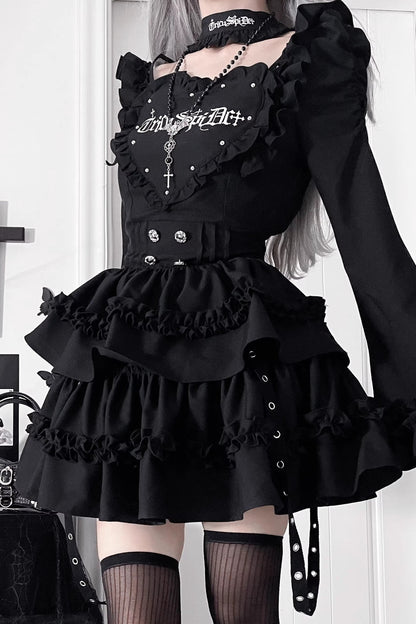 サブカルチャーゴシックダークスリムロングスリーブドレス