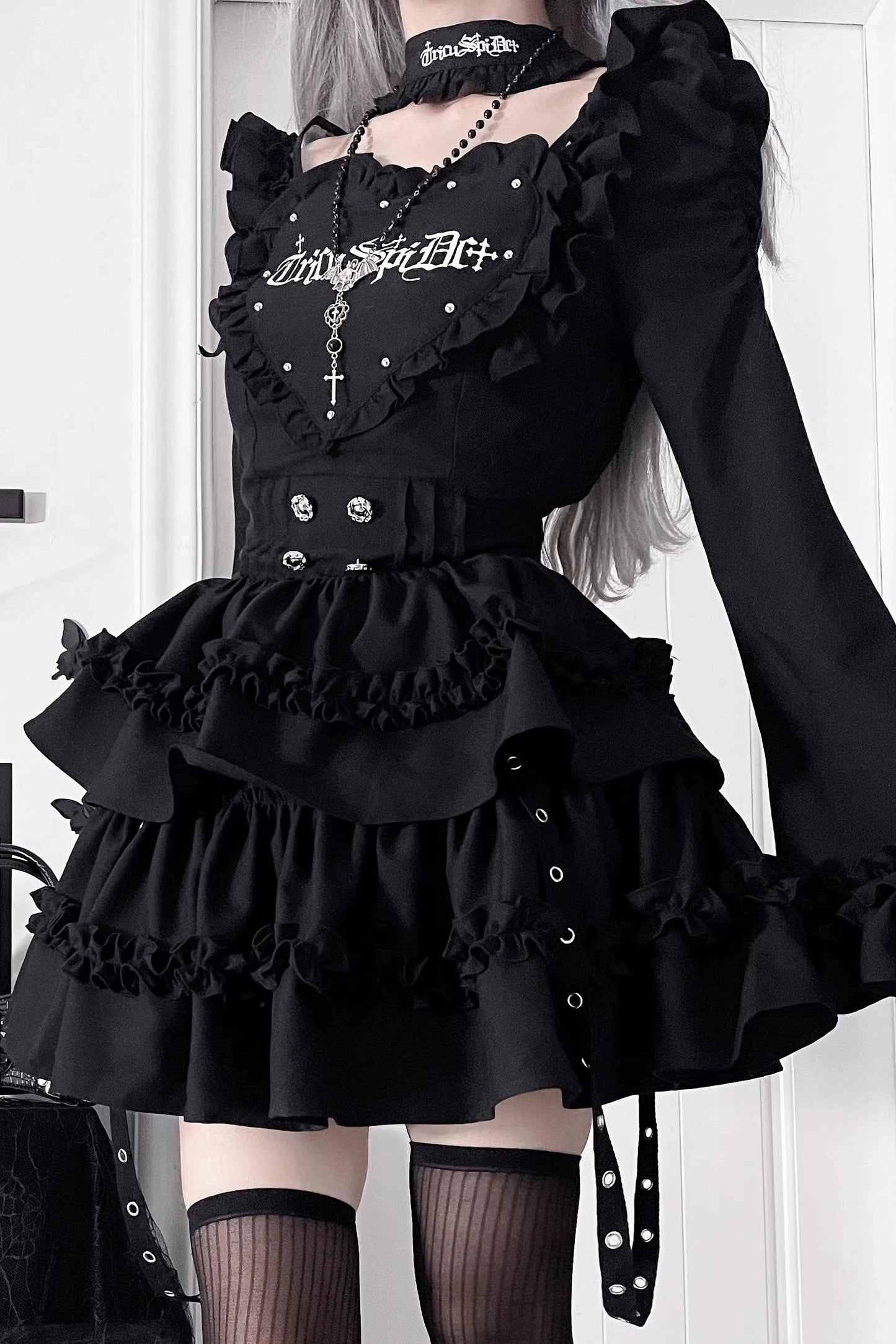 サブカルチャーゴシックダークスリムロングスリーブドレス