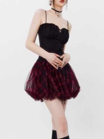 アメリカンロックブラックキャミチェックボリュームチュールスカートドレス
