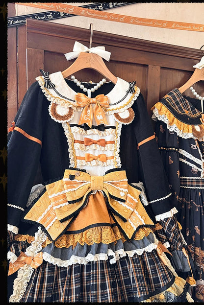[Reservierungsschluss 8. September] Classic Bear Lolita-Stufenkleid mit weißem Kragen, Karomuster, Spitze und Schleife+Vintage-JSK-Kleid mit Teddybär-Print und Spitze+Vintage-Lolita-Kleid mit Teddybär-Print, Karokragen und klassischem Karomuster