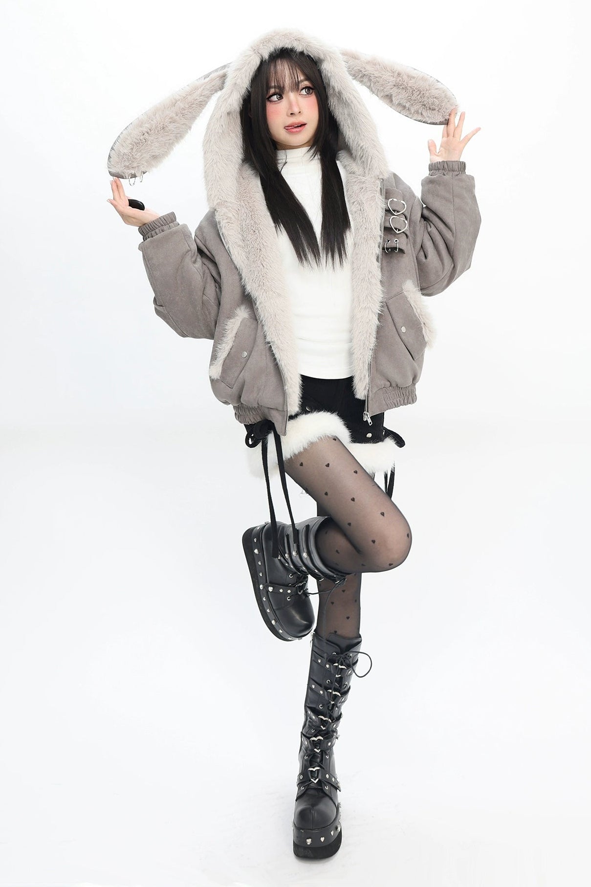 ラビットミストグレイフーデッドジャケット