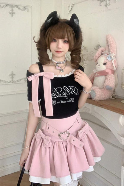 [Reservation product] Love Prelude Sweet Ribbon And Cross Top + Skirt