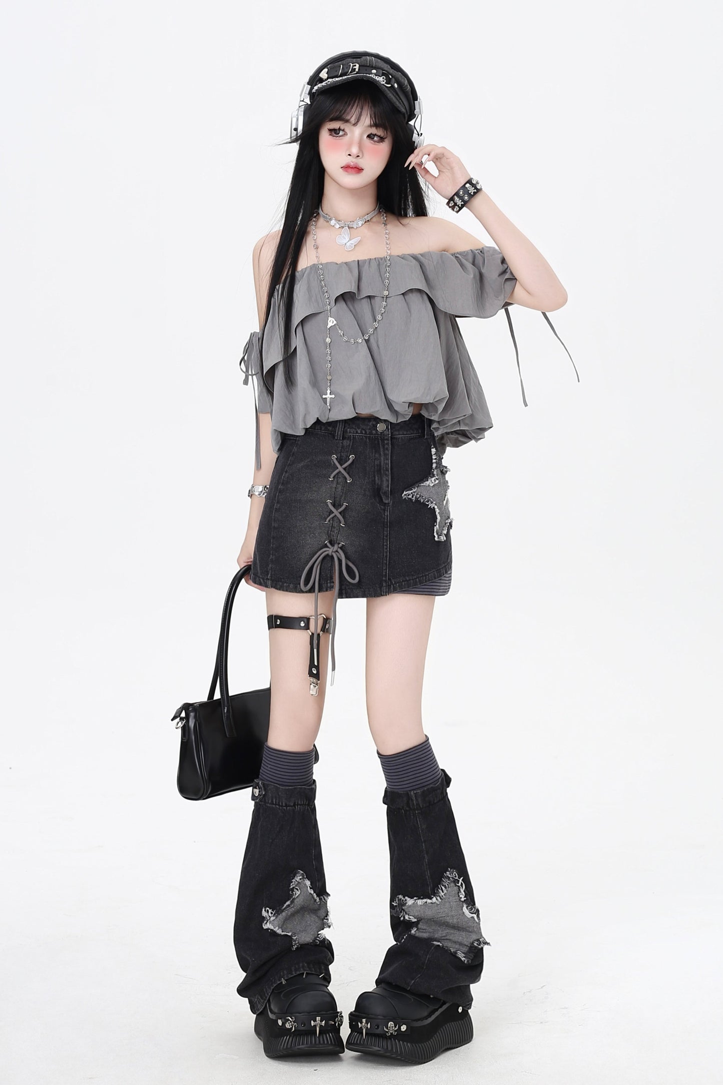 3-Style One-Shoulder Drawstring Top & Skirt