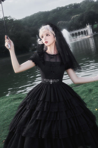 Dark Black Lolita Dress + Inner + Suspender Dress + Veil + Hairband + Belt + Sleeves